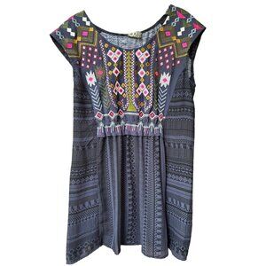 One September  Embroidered Boho Tunic Dress S Navy  Cap Sleeve‎